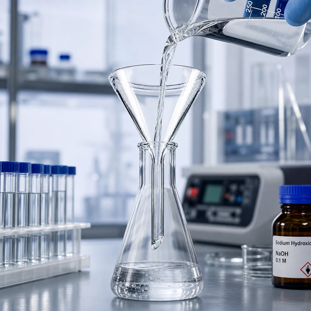 Compacte 40 mm glazen trechter van soda lime glas met kort handvat voor eenvoudig gebruik in het laboratorium