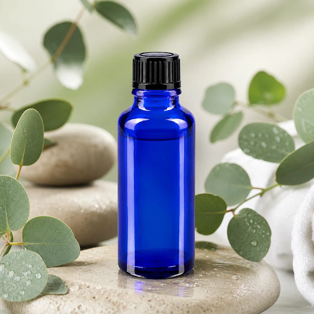Blauwe glazen flessen 30ml met zwart schroefsluiting St Kleine blauwe glazen fles van 30 ml met kindveilige zwarte dop voor aromatherapie