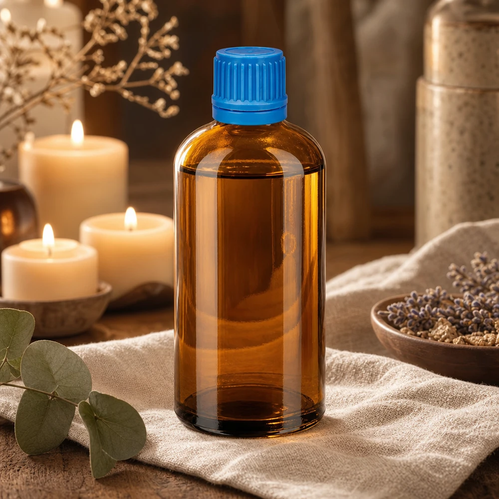 100ml flacon 11mm SV blauw OV BrownLine UT18/100 Robuuste amberkleurige glazen fles van 100 ml met verzegelbare sluiting, ideaal voor tincturen en extracten