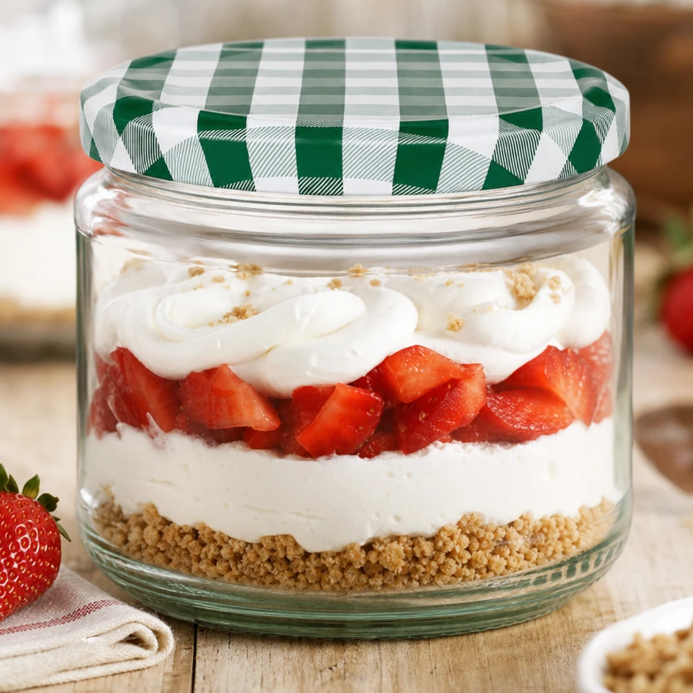 330ml ronde pot als dessertpot met aardbeien en room gelaagd dessert, groen en wit BasicSeal deksel, parfait in een pot