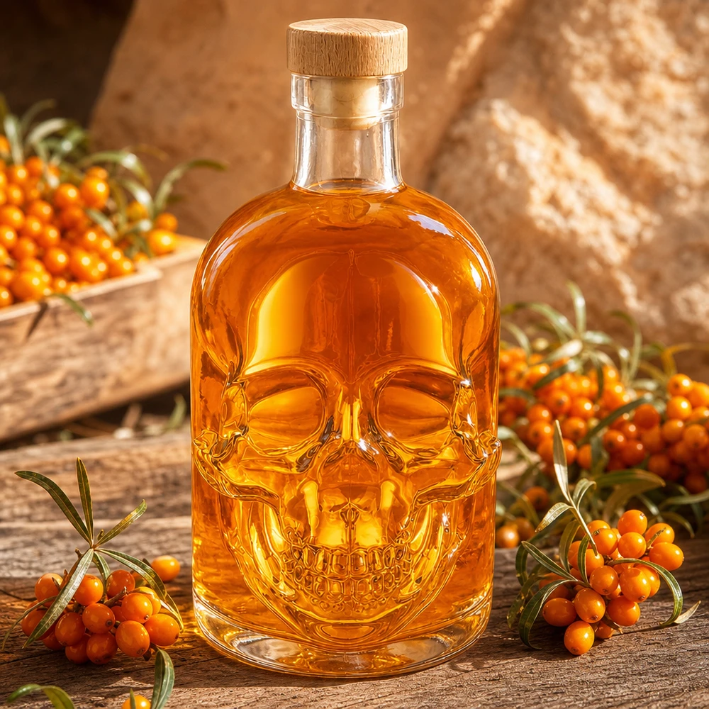 Glazen fles Jack 500ml schedelontwerp met amberkleurige vloeistof en duindoornbessen op een houten achtergrond