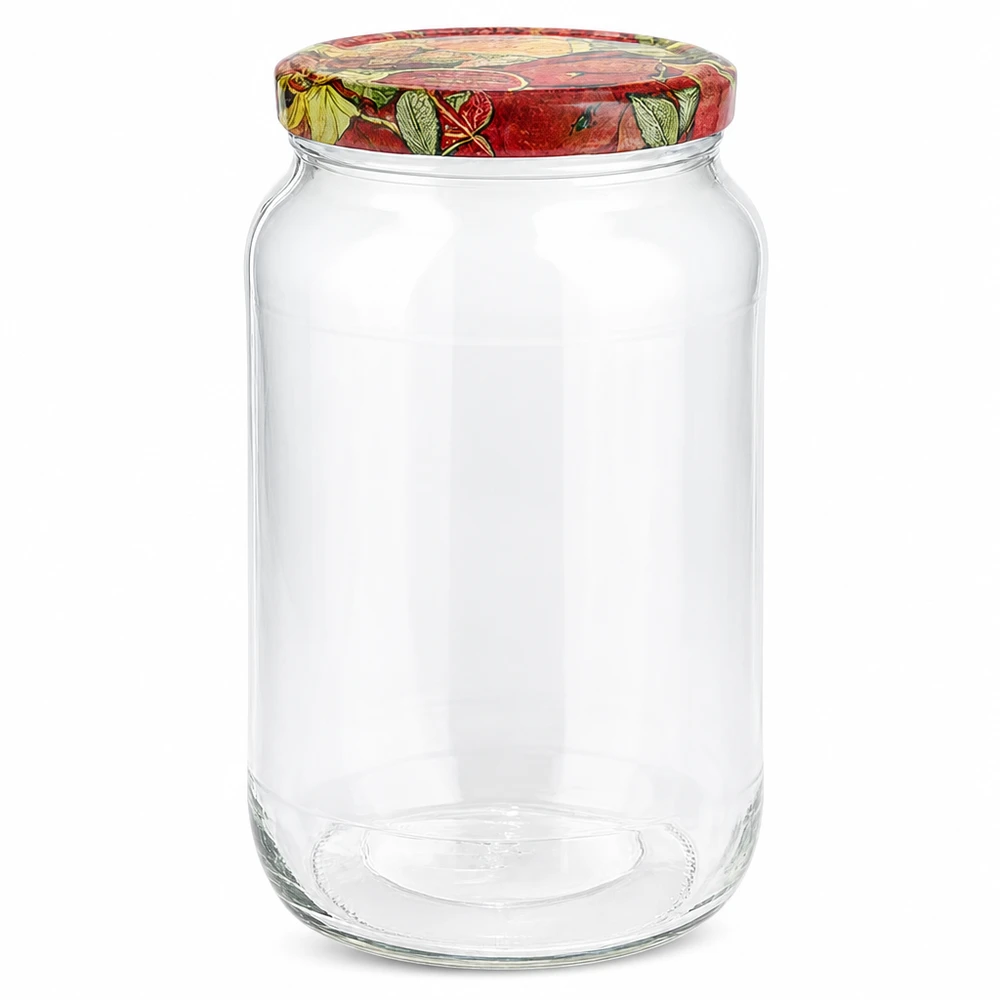 1062ml ronde pot met BasicSeal deksel fruitdecor inmaakpot lege transparante voorraadpot met kleurrijk fruitmotief