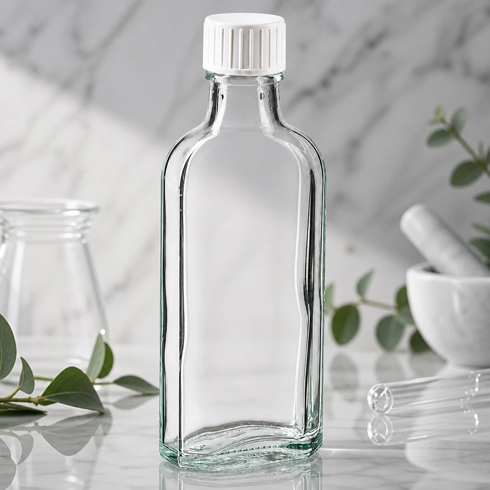 100 ml witte meplatfles met DIN 22 monding, inclusief schroefsluiting DIN 22 wit met gietring Meplat-flesje van 100 ml van helder glas met schroefdop, geschikt voor natuurlijke cosmetica