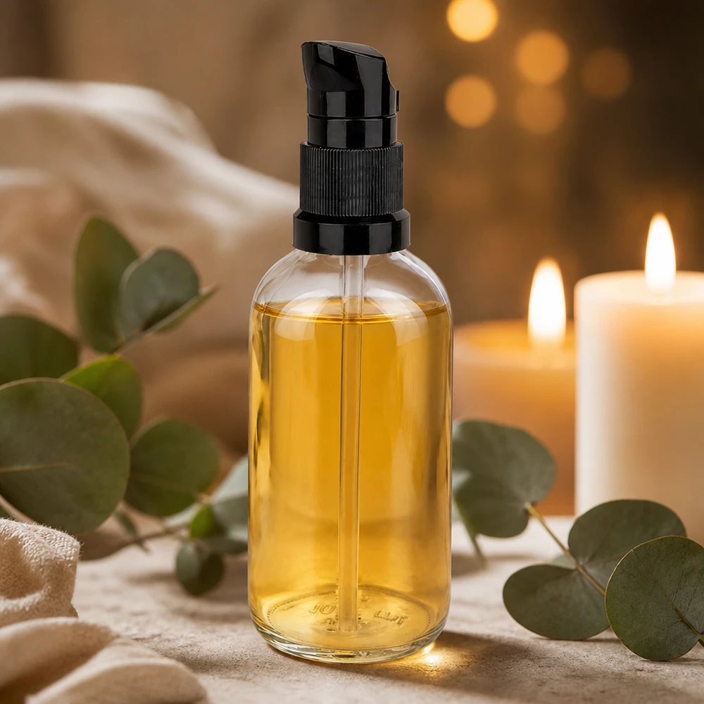 Glazen fles van 100 ml met zwarte lotionpomp, goudgele eucalyptusolie, Spa Ambiente