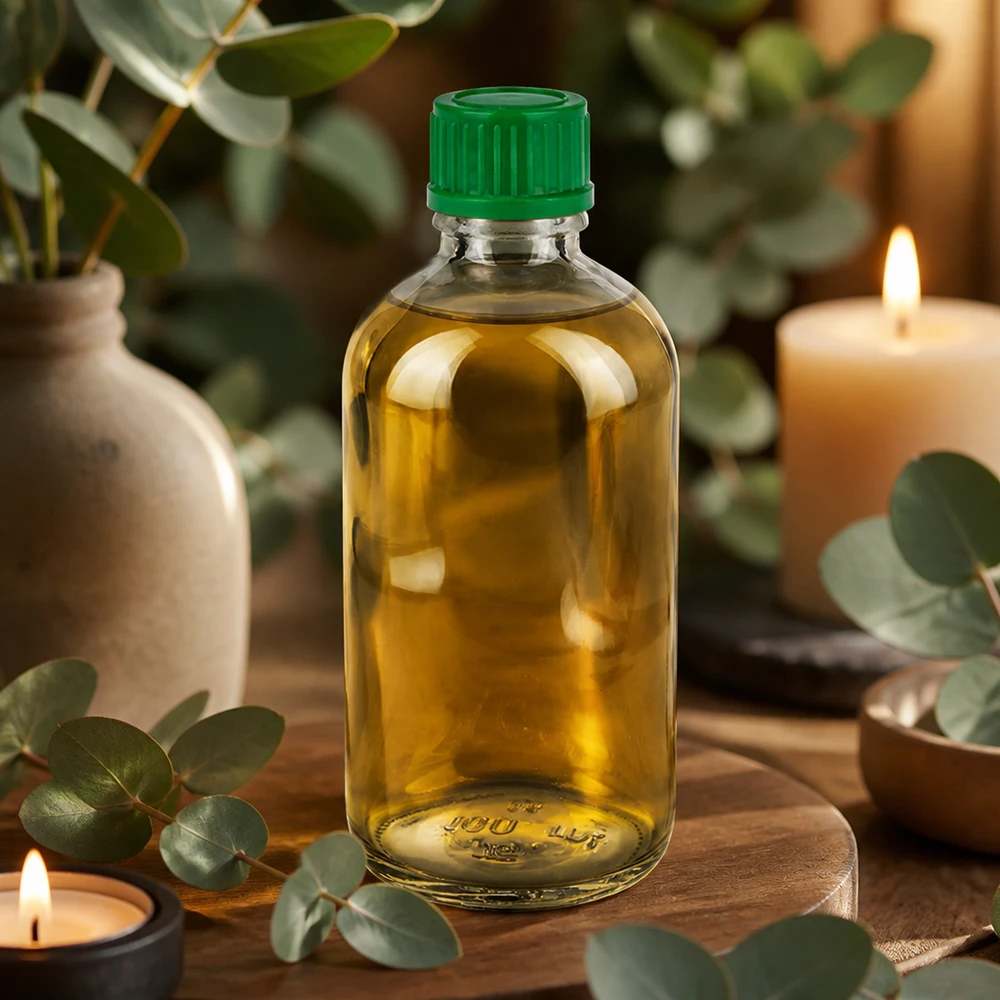 Amberkleurige olie in een cilindrische glazen fles van 100 ml, ClearLine UT18/100, met groene dop