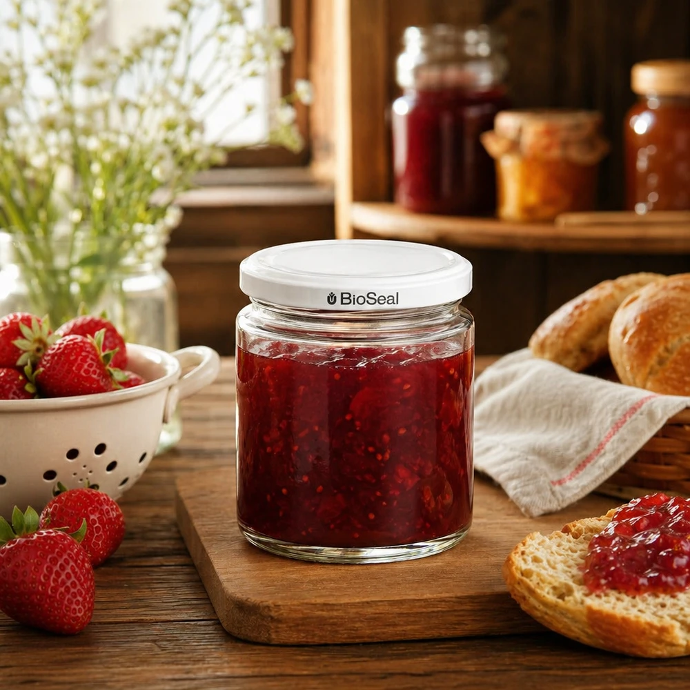 250 ml honingpot met BioSeal deksel gevuld met aardbeienjam op een houten plank naast verse aardbeien en brood