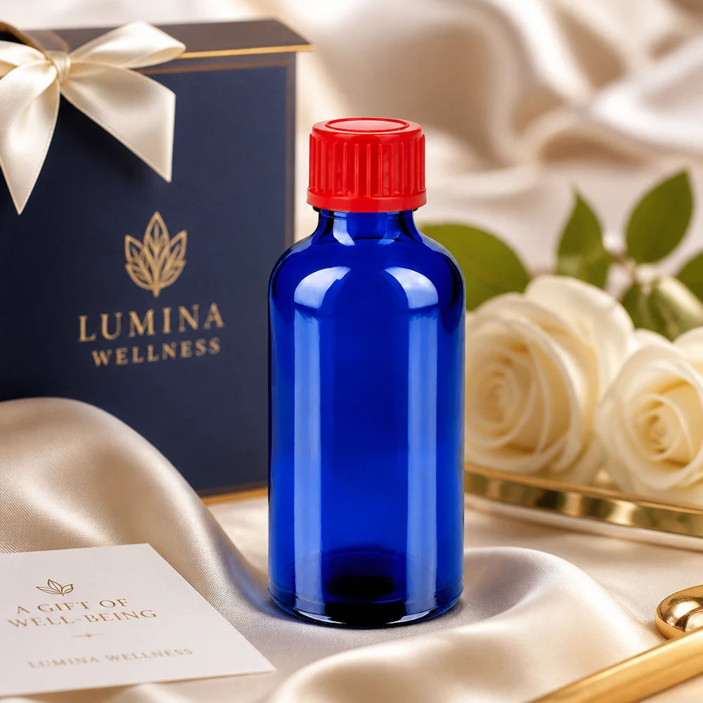 Lichtbeschermingsfles 50ml BlueLine serie met lekvrij rood sluitsysteem UT18/50