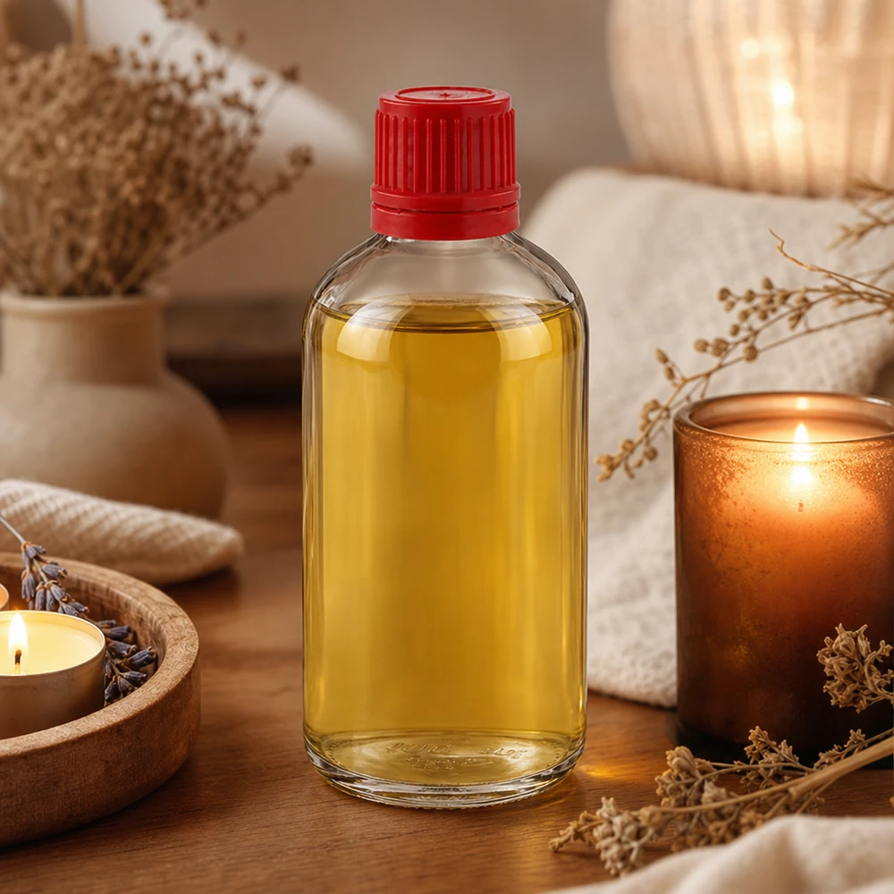 Glazen ClearLine-flesje van 100 ml met gele olie en een rode verzegeling in een spa-sfeer
