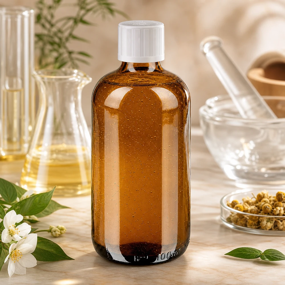 Bruine glazen fles 100ml met wit schroefsluiting kinderslot St 100 ml apotheekflesje met UV-bescherming, bruin glas, witte veiligheidsdop, kruidengeneeskunde