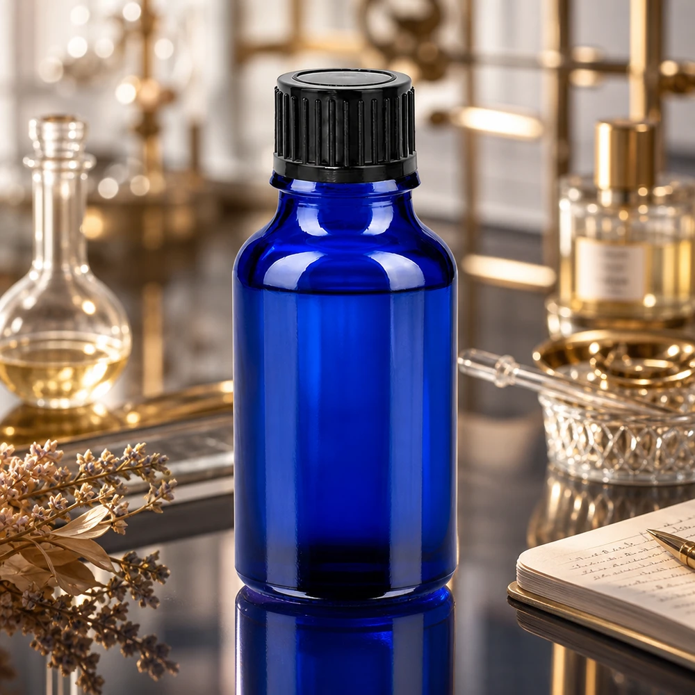 Elegant 20 ml flesje in diepblauw met matzwart deksel voor een stijlvolle productpresentatie