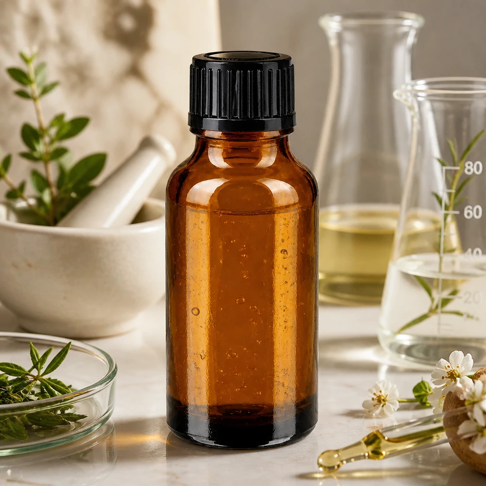 Bruine glazen fles 20ml met zwart schroefsluiting St Een bruine glazen fles van 20 ml met een zwarte dop van 11 mm, naast een maatbeker en geneeskrachtige kruiden