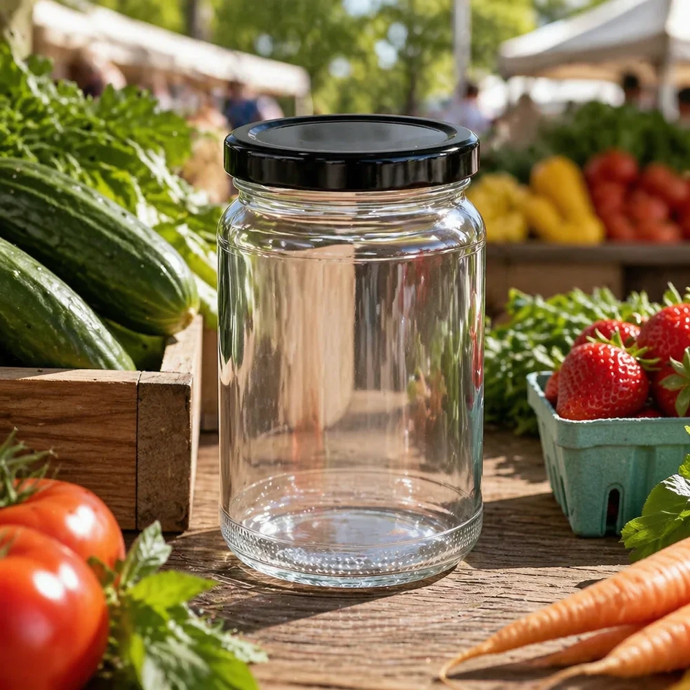 UNiTWIST rond potje 110ml met zwart TO48 deksel op marktkraam tussen vers fruit en groenten