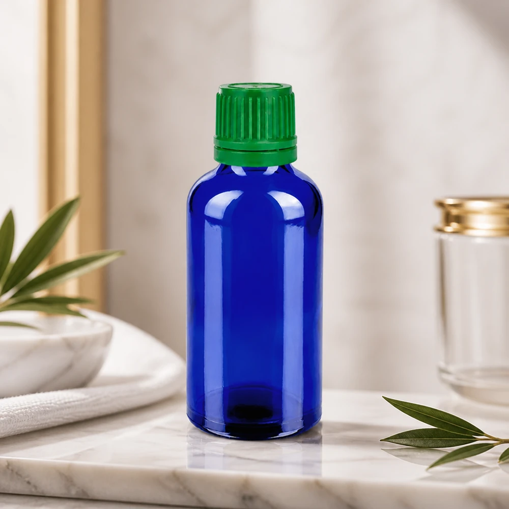 Professionele laboratoriumfles van 50 ml van UV-beschermend blauw glas met stevige dop
