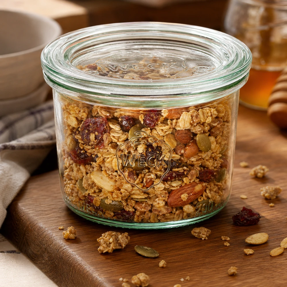WECK 200ml RR80 mason jar gevuld met muesli en noten op een houten plank toont praktische voedselopslag
