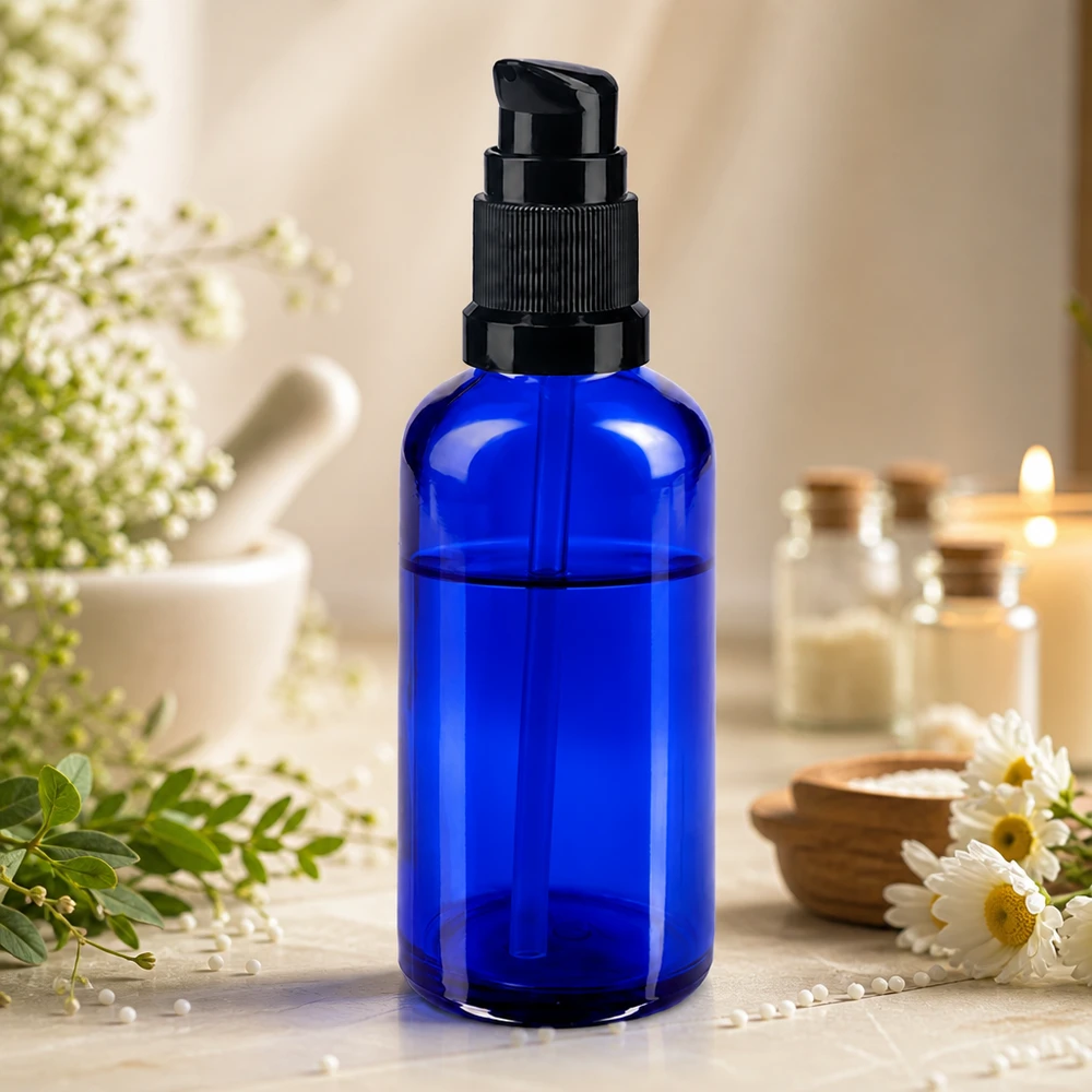 Blauwe glazen flessen 50ml met zwart pompsluiting Lichtbeschermende blauwe glazen fles van 50 ml met zwarte pompdispenser voor etherische oliën