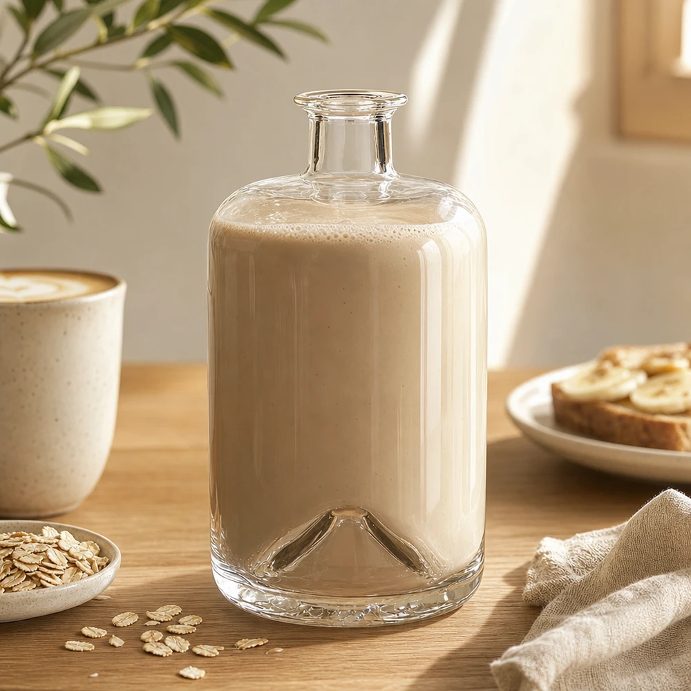 700ml Sofia glazen fles gevuld met havermelk op houten tafel naast havermout en koffiekopje Lifestyle shot