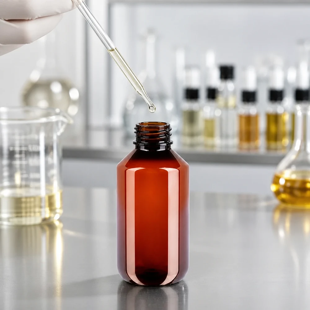 PET-fles 200ml met witte flip-top dop. Slanke bruine fles van 200 ml, gemaakt van lichtgewicht PET, voor cosmetische oliën en tincturen