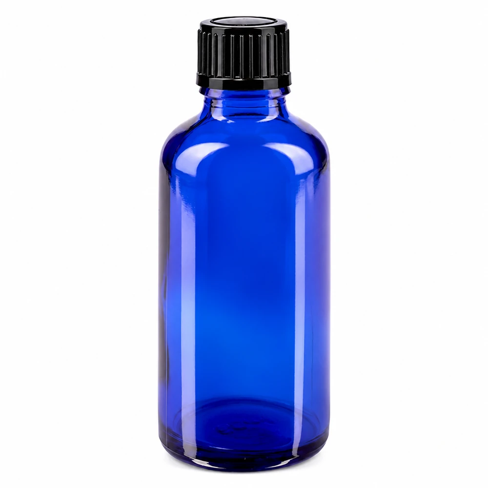 Kleine blauwe glazen fles van 50 ml voor etherische oliën met een nauwkeurig druppelmechanisme van 1 mm