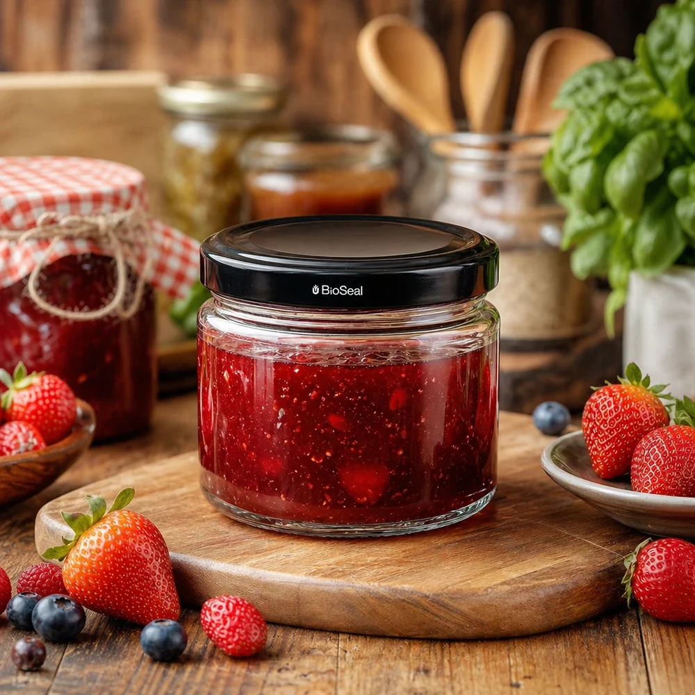 330ml rond glas met BioSeal deksel zwart UNiTWIST UniTWIST Runda330 mit schwarzem TO82 BioSeal Deckel gefüllt mit Erdbeermarmelade auf Holzbrett neben frischen Beeren
