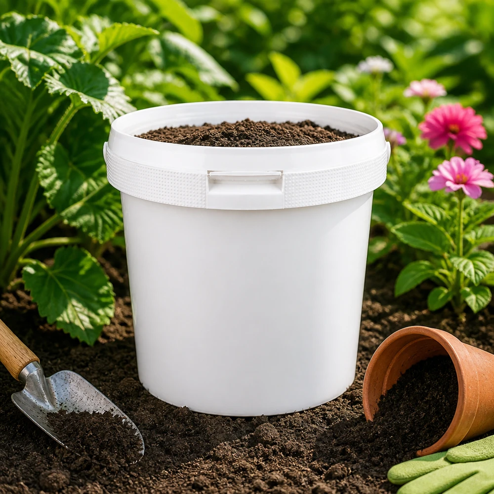 Multifunctionele emmer van 2,5 l van wit PP met een goed sluitend deksel voor potgrond en tuinmateriaal