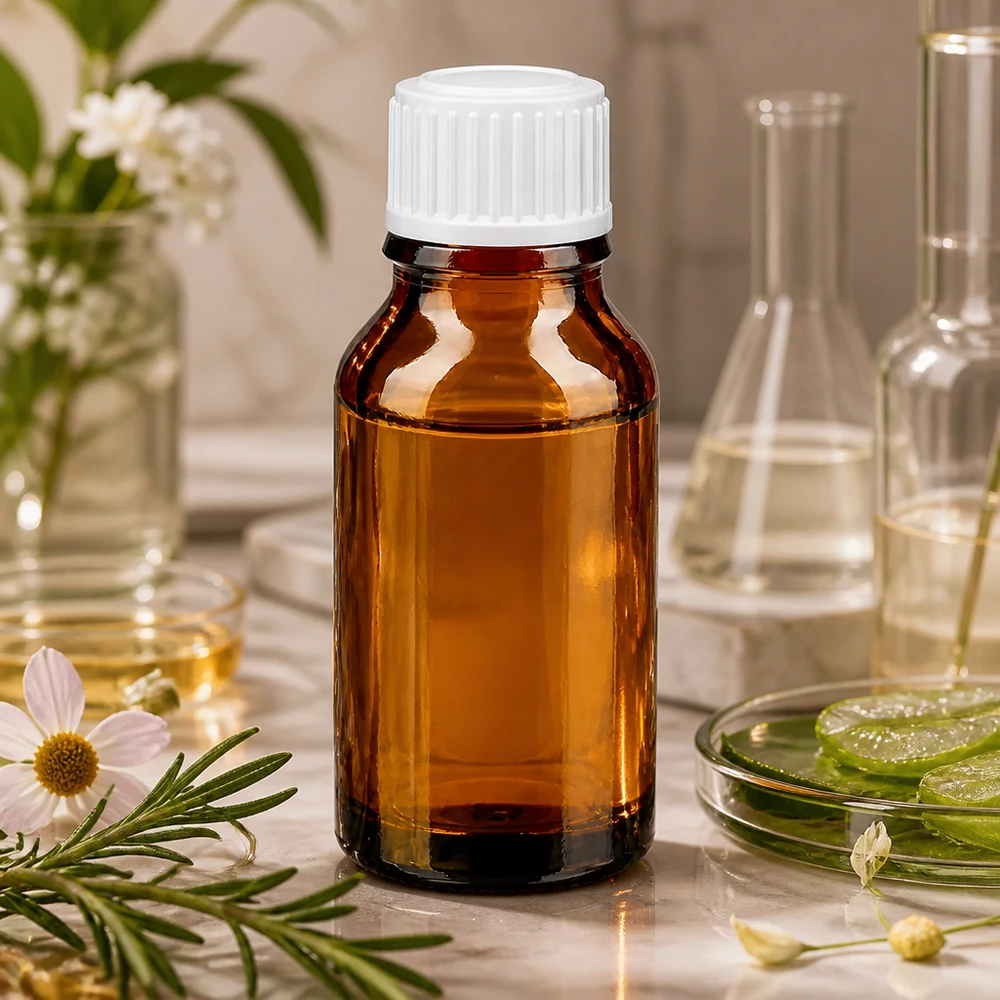 Bruine glazen fles 15ml met wit druppelsluiting 0.8mm St Bruine glazen flesje van 15 ml met een witte druppeldop, naast een takje rozemarijn en kamille
