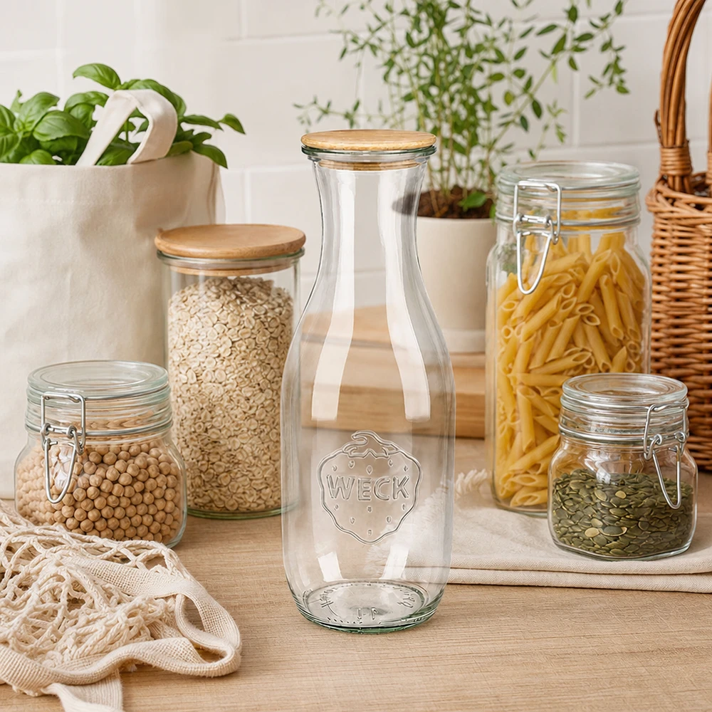 WECK sapfles 1062ml met houten deksel in zero-waste keuken naast voorraadpotten met pasta en peulvruchten
