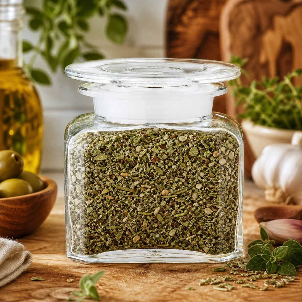 Idee voor een glazen kruidenpotje: Vierkante apothekersfles 100 ml wijde hals helder glas incl. glazen stop Stijlvolle kruidenbewaring: vierkant glazen potje met verse kruiden, olijfolie en knoflook als decoratie