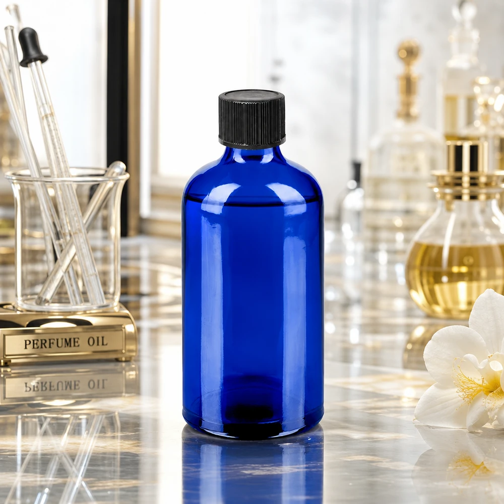 100ml druppelfles 1mm zwart STD BlueLine UT18/100 Elegante kobaltblauwe druppelfles 100ml met matzwarte dop voor stijlvolle productpresentatie