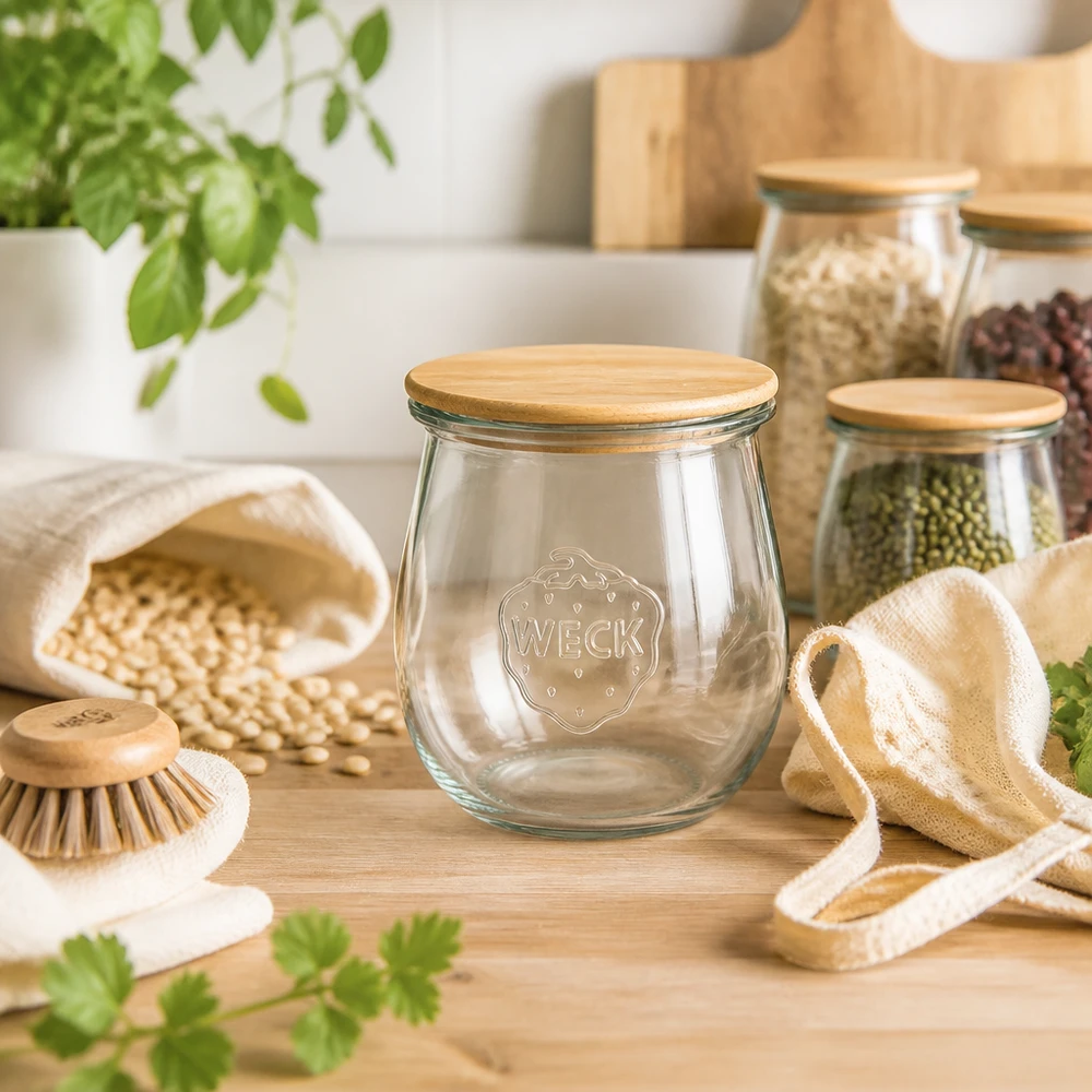 220ml tulpenglas WECK RR60 met hout deksel WECK Tulpenglas 220ml RR60 Holzdeckel in Zero-Waste Küche mit Hülsenfrüchten Getreide und nachhaltigen Utensilien