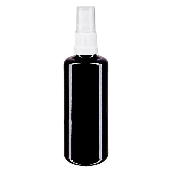 Fles violet glas 100 ml met pompverstuiver wit Fles violet glas 100 ml met pompverstuiver wit