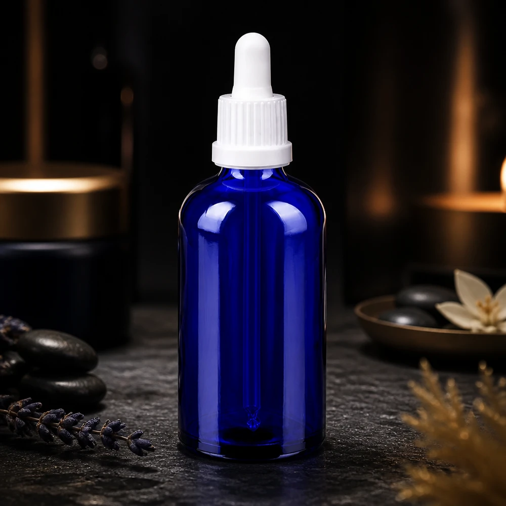 Doseerfles 100ml van robuust blauw glas met praktisch BlueLine pipetsysteem