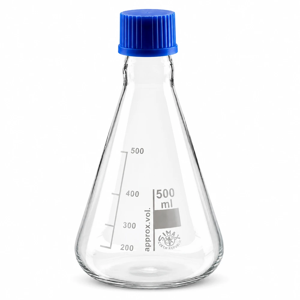 Schott Duran Erlenmeyer 500ml met chemicaliënbestendig materiaal en blauw deksel