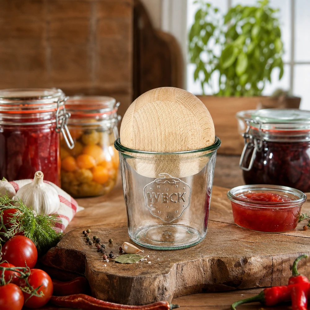 WECK pot 580ml RR100 met beukenhouten bol in een rustieke keuken tussen inmaakpotten en verse ingrediënten
