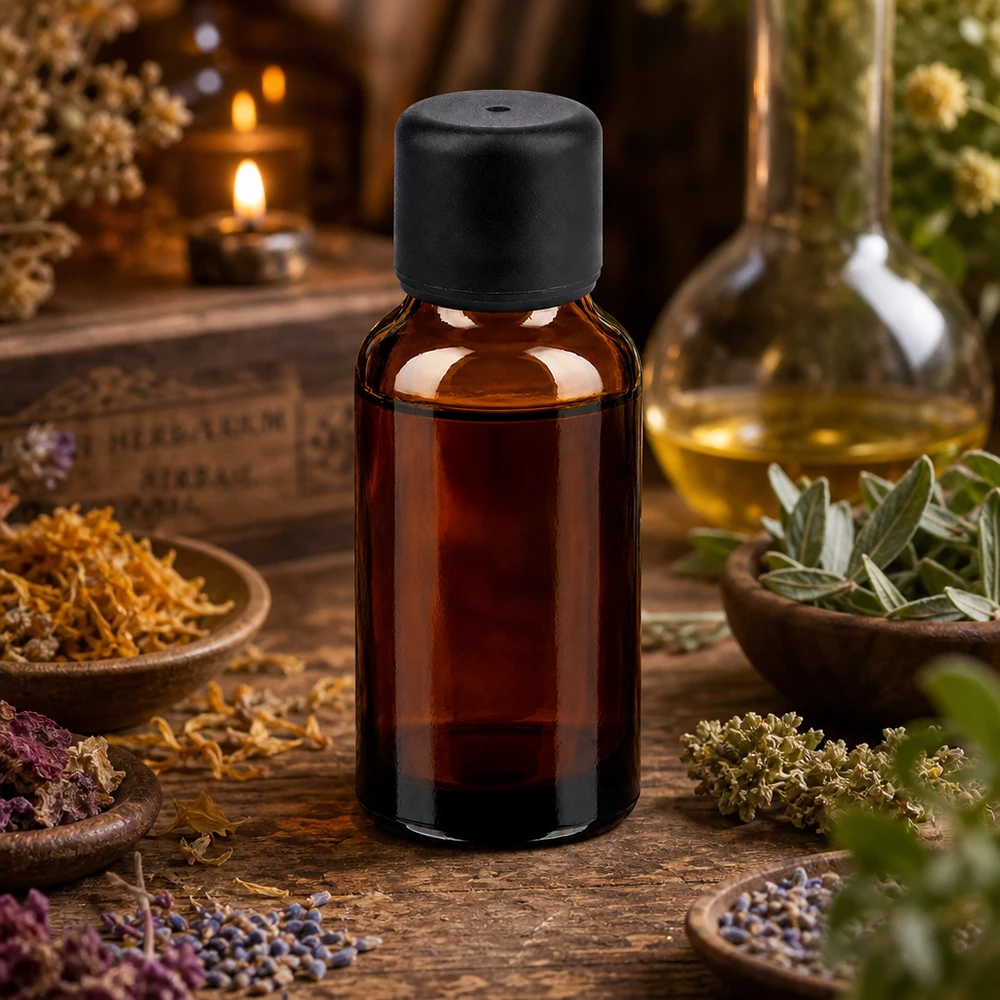 Therapeutisch amberkleurig glazen flesje 20ml met zwarte dop voor wellness-toepassingen