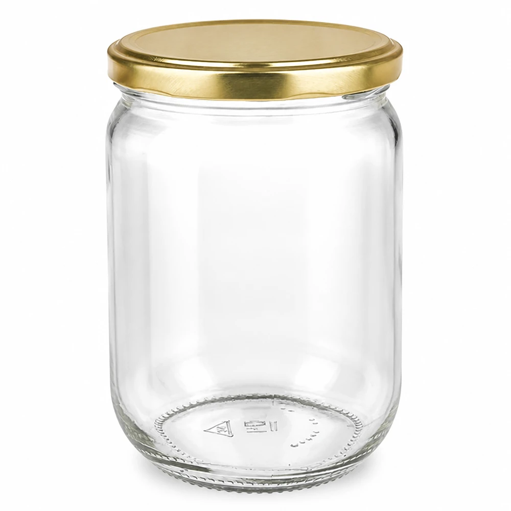 555 ml rond glas + BasicSeal-deksel goud UNiTWIST 555 ml inmaakpot van hoogwaardig helder glas met gouden BasicSeal-deksel, zijaanzicht