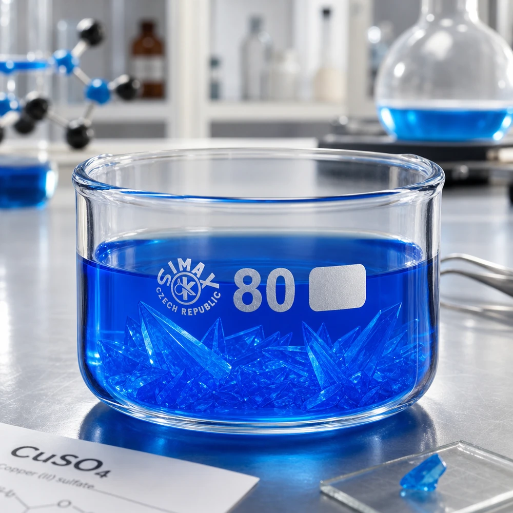 Kristalliseerschaal 150ml zonder schenktuit Laboratoriumkom van hoogwaardig borosilicaatglas met blauwe chemische kristallen, inhoud 150 ml