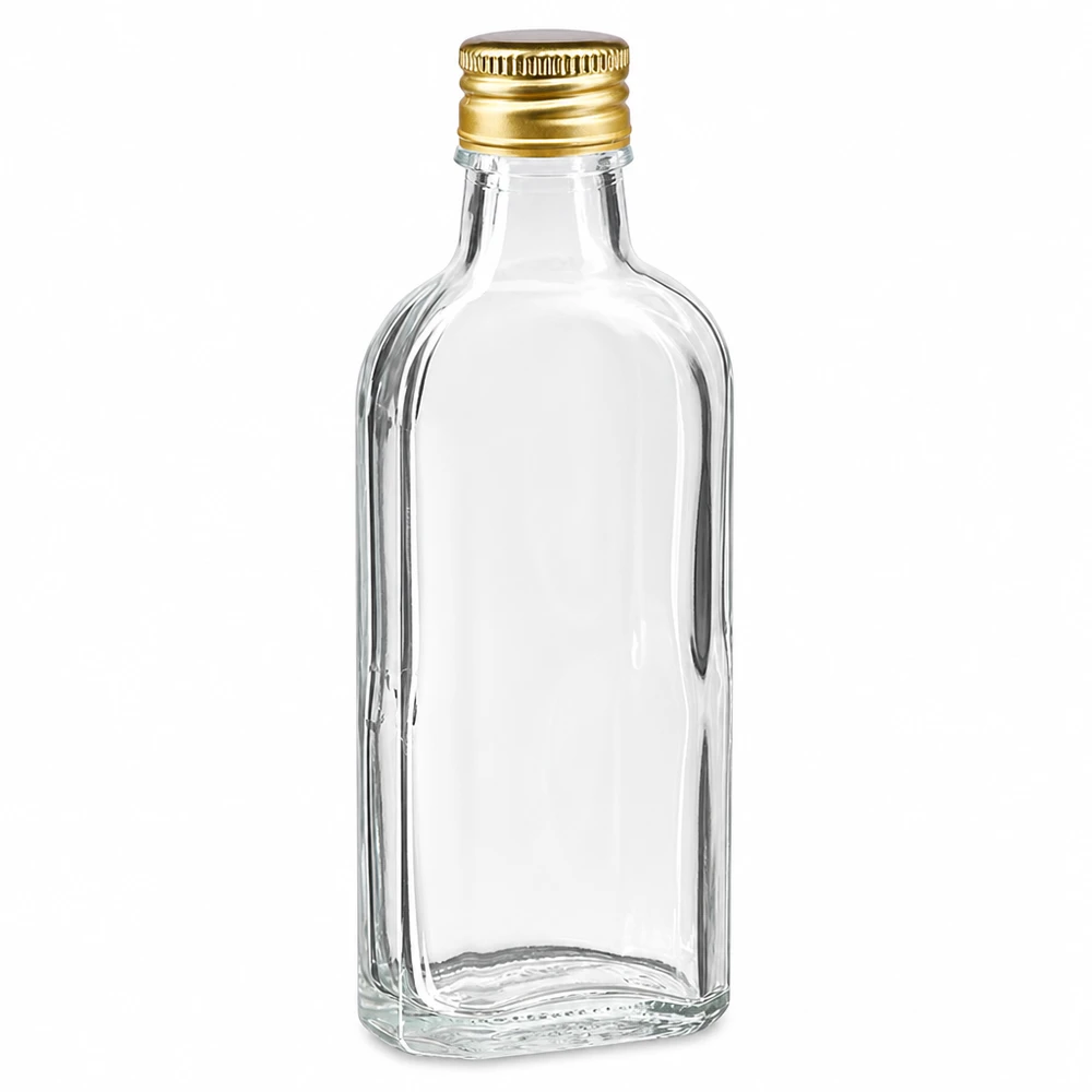 Hoogwaardige glazen fles van 100 ml van het merk Meplat met een gouden aluminium dop (PP22), ideaal voor miniaturen