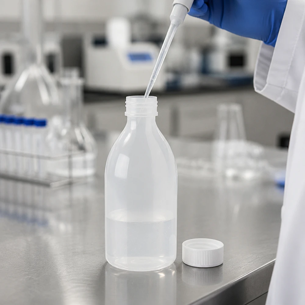 Nauwe hals laboratoriumfles 250ml met schroefsluiting Laboratoriumfles van 250 ml met smalle hals en pipet tijdens het vullen met een heldere vloeistof