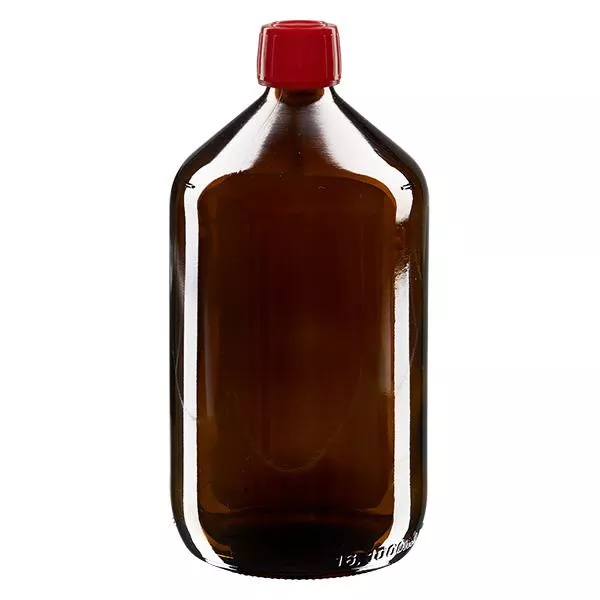 1000ml Euro-medicijnfles bruin met rode schroefsluiting VR 1000ml Euro-medicijnfles bruin met rode schroefsluiting VR