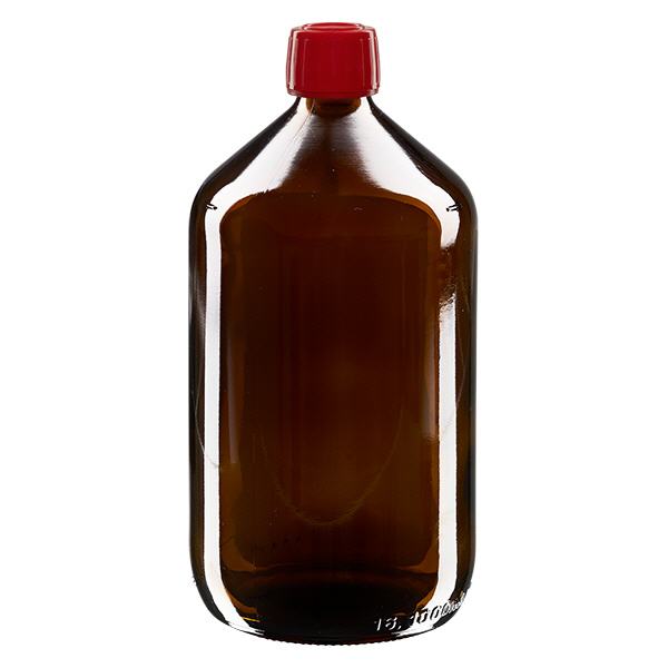 1000ml Euro-medicijnfles bruin met rode schroefsluiting VR 1000ml Euro-medicijnfles bruin met rode schroefsluiting VR