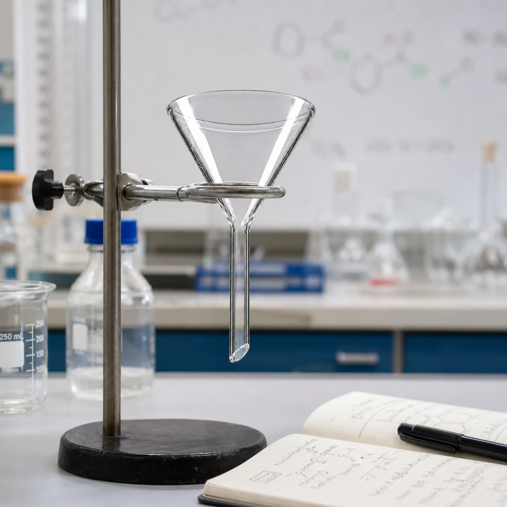Transparante trechter met een hoek van 60 graden gemaakt van hoogwaardig natronkalkglas voor laboratoriumtechnologie