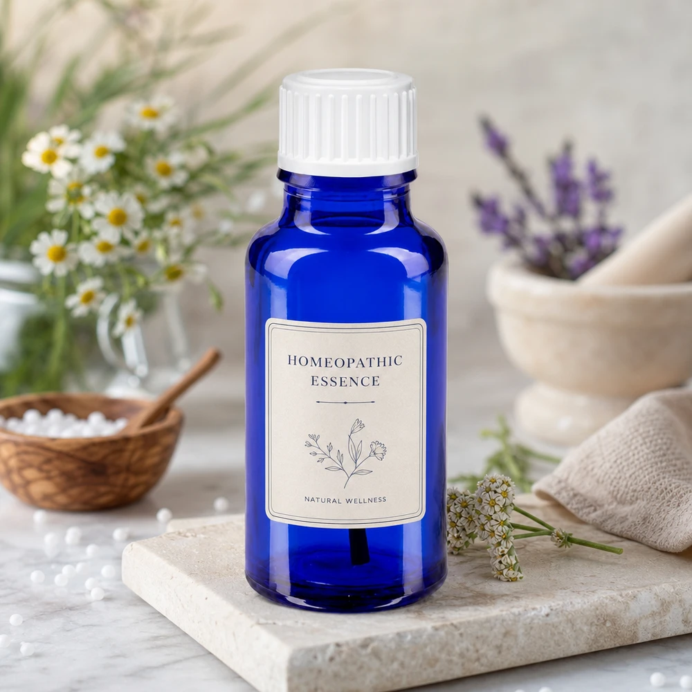 Natuurgeneeskunde: flesje met kwastje, 20 ml, blauw apothekersglas, witte dop, op een travertijn onderzetter