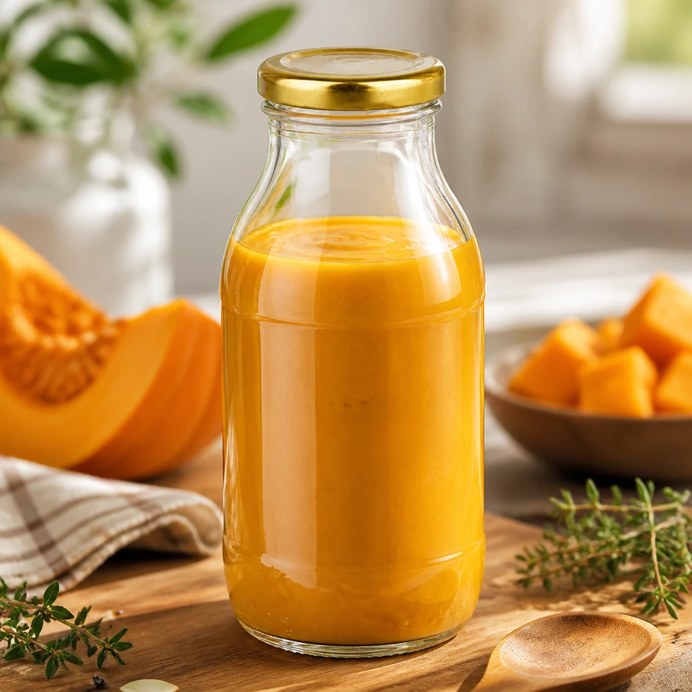 Glazen voorraadfles van 250 ml met UNiTWIST BasicSeal-deksel in goudkleur, gevuld met romige pompoenpuree