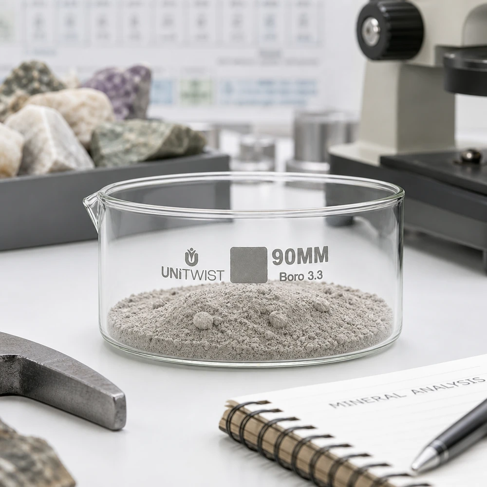 UNiTWIST-kristallisatieschaal Boro 3.3 met mineraalpoeder, naast een hamer en gesteentemonsters