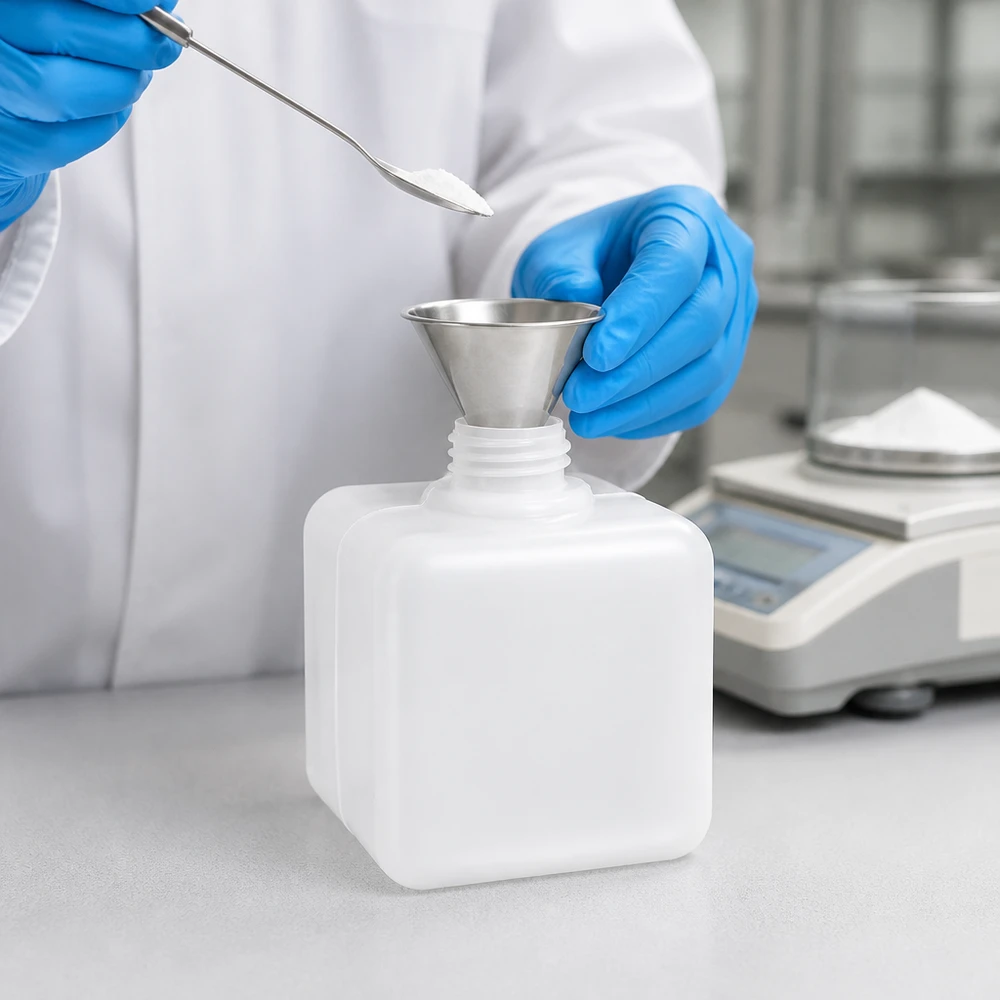 Chemicaliënfles 500 ml, nauwe hals Nauwkeurig afwegen en vullen van een chemische fles van 500 ml, PE-HD, smalle hals, GL32