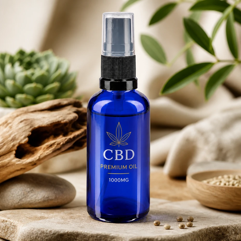 Blauw flesje van 50 ml met fijne verstuiver, ideaal voor het gebruik van CBD Premium-olie