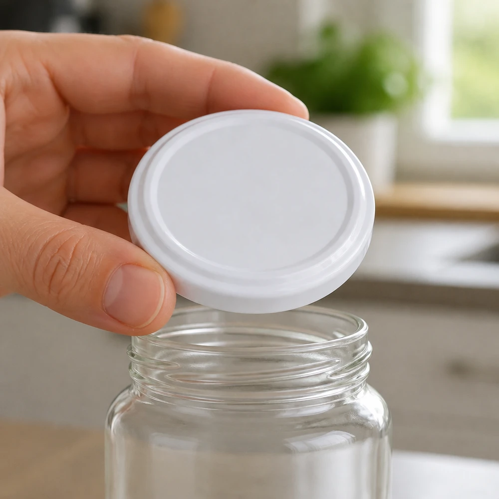 63mm BioSeal deksel wit (TO63) UNiTWIST Op een doorzichtige voorraadpot wordt een witte 63 mm UNiTWIST-schroefdeksel van BioSeal (BPA-vrij) geplaatst