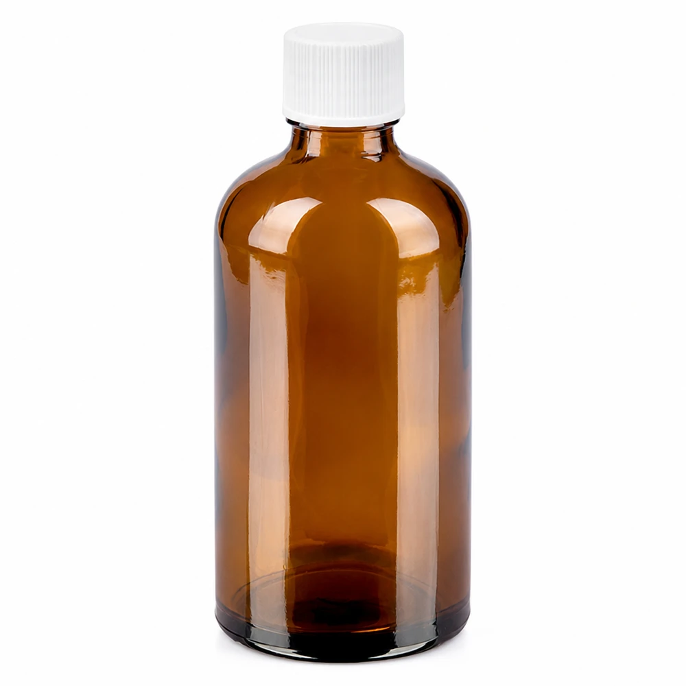 100ml fles 11mm SV wit STD BrownLine UT18/100 Compacte 100ml amberkleurige glazen fles met witte SV-dop voor druppels en tincturen