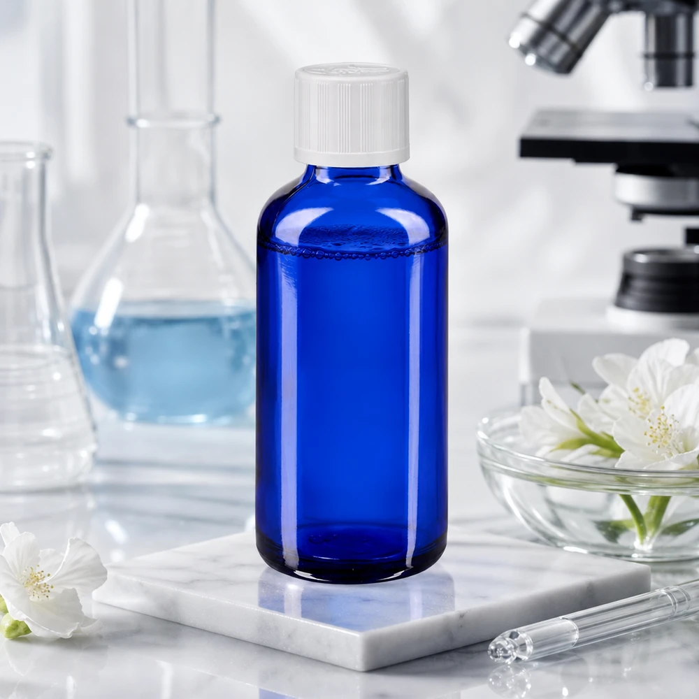 Blauw medicijnflesje van 50 ml met een druppelaar van 1,2 mm, naast jasmijnbloemen en laboratoriumkolven