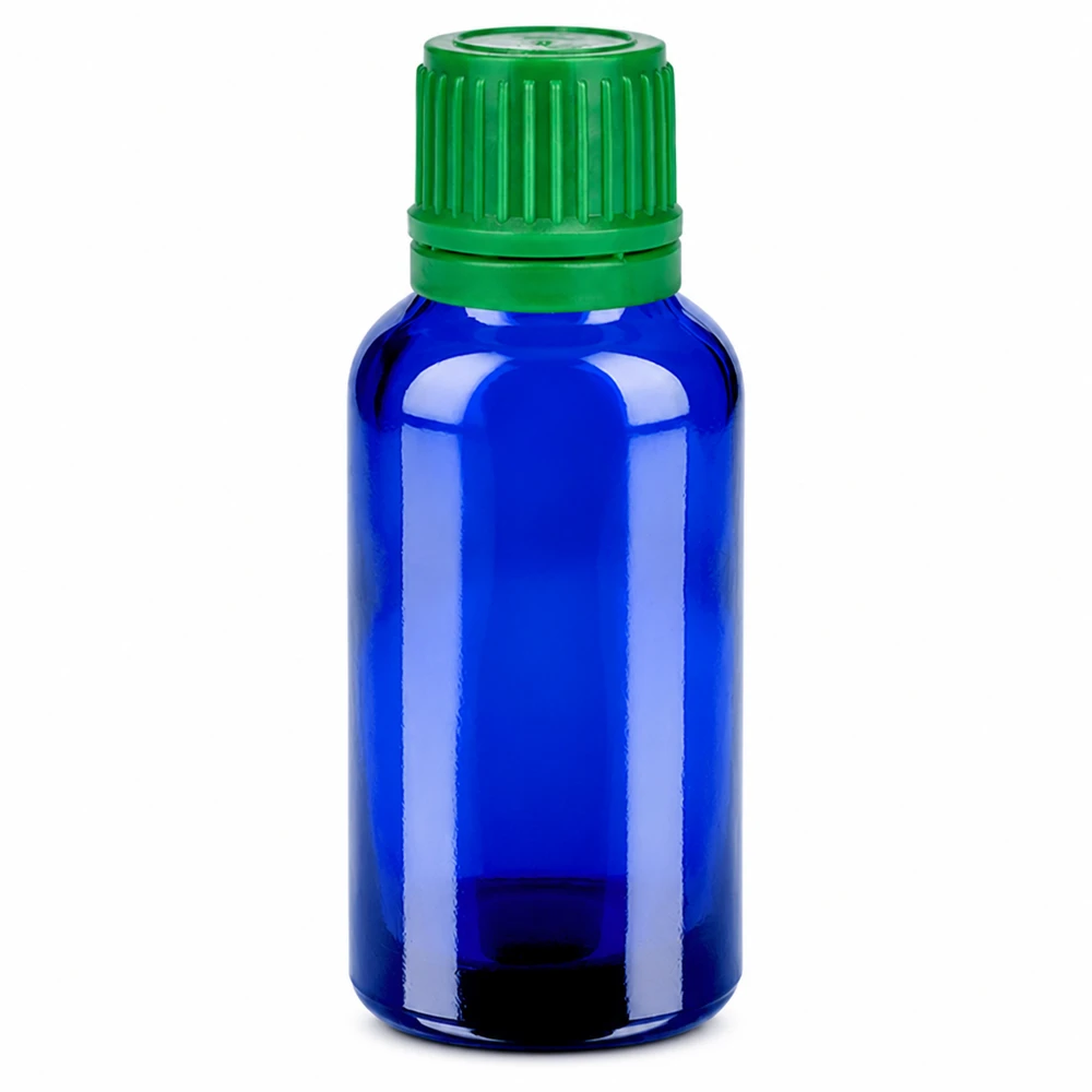 Cilindrisch 30ml blauw glazen flesje met 11mm groene SV dop